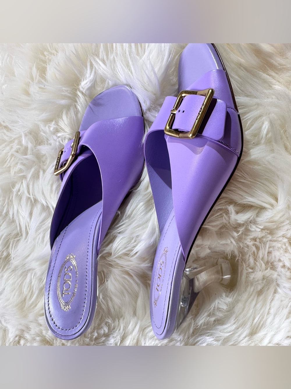TOD’S Lavender Leather Mule Sandals with Sculptural Plexi Heel - Picture 13 of 15